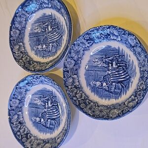 3 Librety Blue Porcelain Bowls Betsy Ross